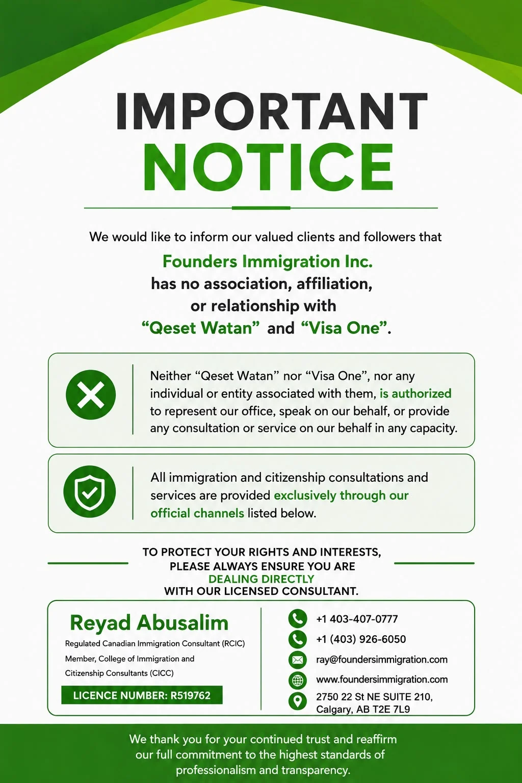 Important notice from Founders Immigration Services about official representation channels